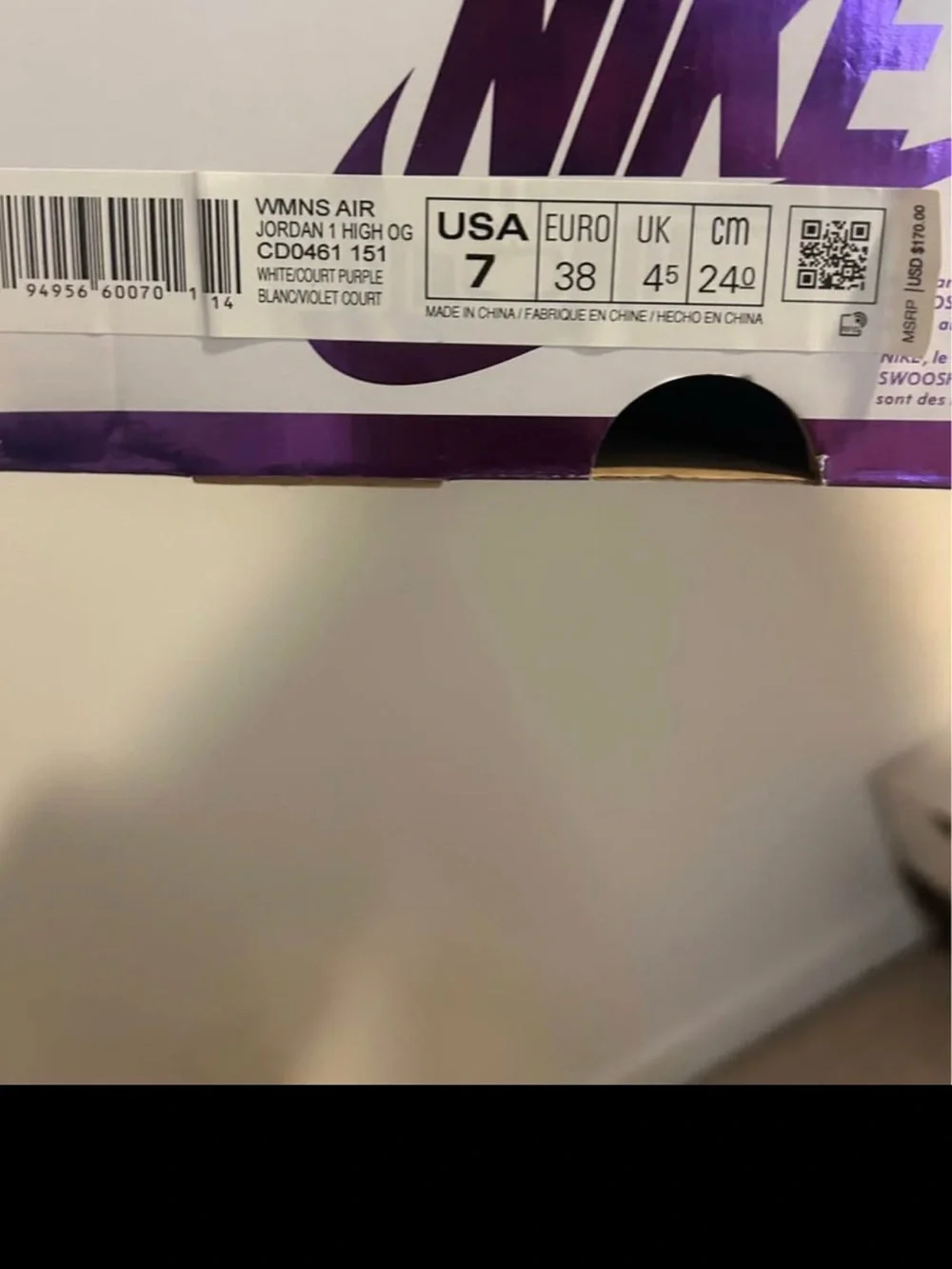 Air Jordan 1 High OG White/Court Purple Size 7 - Picture 6 of 6